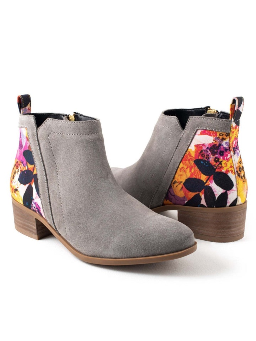 Inkkas Gray Suede Ankle Boots with Floral Heel Panels Savannah Bootie